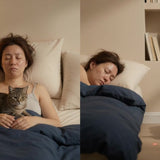 Split scene: cat on a chest at dawn versus a cat chasing a floor laser