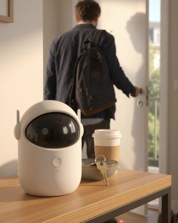Automatic laser cat toy on an entry table as a person leaves
