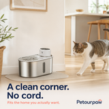 Stainless pet fountain in a home corner with no power cord